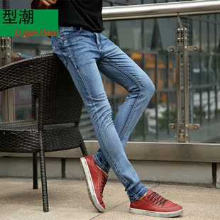 春夏季韩版修身直筒青年男士弹力牛仔裤小脚设计款哈伦潮流裤子男
