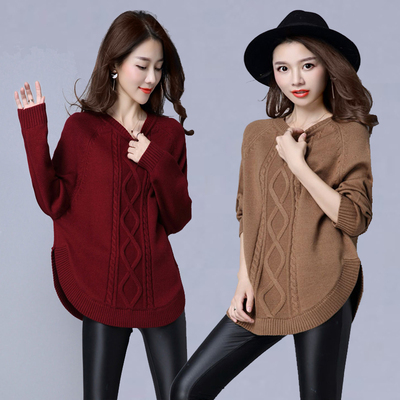 秋冬韩版女装套头针织衫宽松大码纯色毛衣中款上衣外套包臀蝙蝠衫