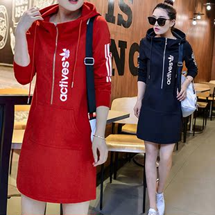 2016韩版时尚女士中长款长袖卫衣修身连衣裙休闲连帽秋装学生外套