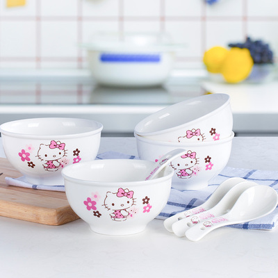 HELLO KITTY 凯蒂猫 陶瓷餐具套装 新骨瓷汤面碗 8头粉色萌猫套装