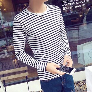2016黑白条纹t恤男短袖 韩版宽松上衣纯棉青年潮流打底衫长袖体恤