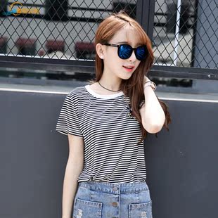 2016夏季新款韩版女短袖修身百搭 米奇黑白条纹简约学生T恤 潮