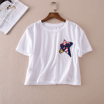 夏季新品 韩系学院风 刺绣贴布 简洁白色宽松圆领短袖t恤女 B161
