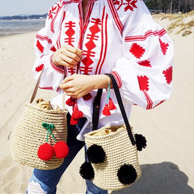 韩国Cool girl水桶草编包樱桃编织女包单肩沙滩度假编织包