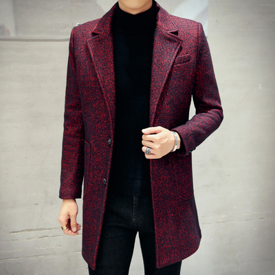 冬季韩版修身青年男中长款呢风衣加厚加棉纯色外套男装毛呢子大衣