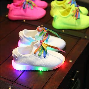 儿童白色帆布鞋男女童LED灯运动鞋宝宝透气糖果色彩虹休闲鞋1-2-3