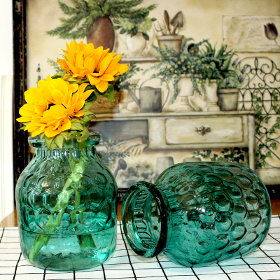 波点蓝色玻璃花瓶 小清新美式田园花瓶 水培绿萝鲜花插花小口花瓶