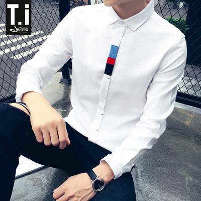 秋季白衬衫男修身款韩版衬衣服夏天男士衬衫青年学生休闲长袖衬衫