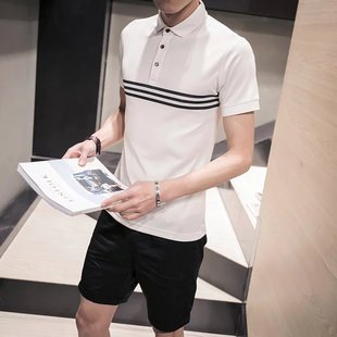 男士夏款个性条纹短袖T恤青少年韩版修身翻领纯色POLO衫男五分袖