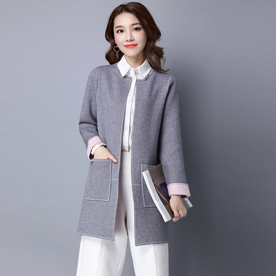 2016秋冬季新款中长款针织衫女韩版修身低圆领双口袋纯色开衫外套