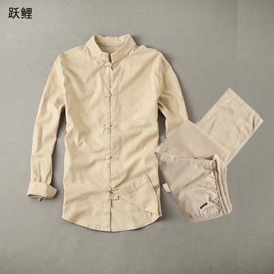 中国风唐装2件套秋季长袖盘扣衬衫复古棉麻茶服禅修居士服套装男