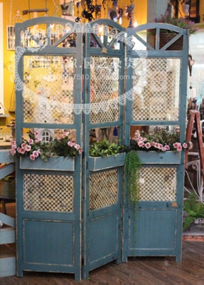 欧式乡村复古做旧隔断屏风 折叠实木折屏多肉花架橱窗样板房装饰