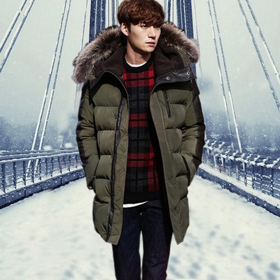 冬季韩版男青年中长款加厚羽绒棉棉衣外套大码修身连帽带毛领棉服
