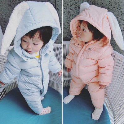 韩国婴儿夹棉兔耳朵连体衣宝宝冬季哈衣加厚棉爬服（预售一周）