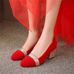 秋冬2016新款粗跟单鞋圆头中跟女鞋红色结婚鞋婚礼红鞋性感新娘鞋
