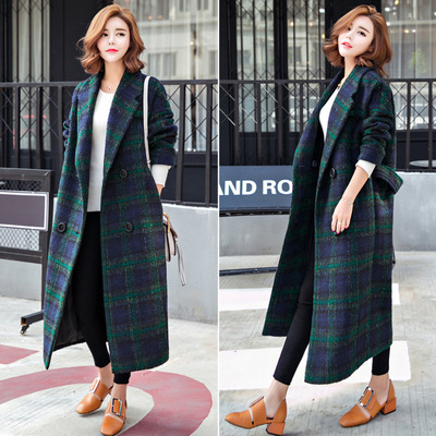 2016秋冬新款女装加厚长款呢子大衣韩版宽松显瘦格子羊毛呢外套