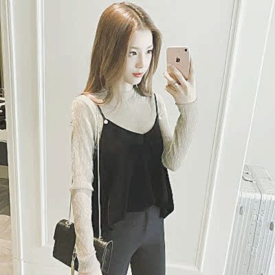 2016秋季韩版新款金丝长袖打底衫+吊带毛绒衫修身上衣两件套女潮