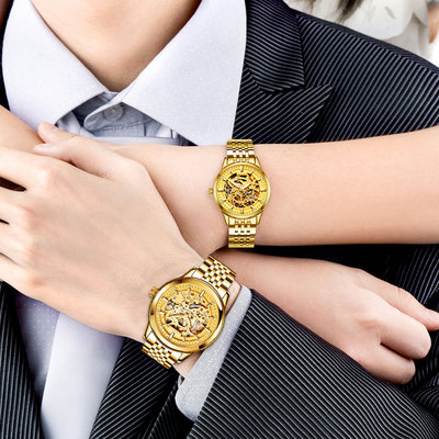 品牌镂空黄金色全自动机械表精钢防水情侣手表一对夜光男女表特价