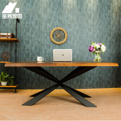 工业风创意铁艺办公桌实木会议桌电脑桌书桌餐桌长方形个性洽谈桌