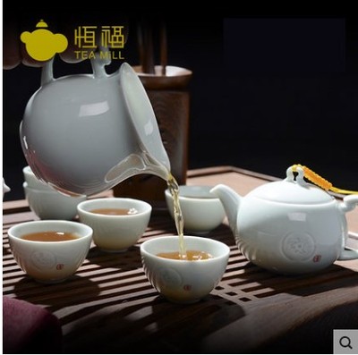 恒福越窑古意如意茶壶半组 龙泉青瓷功夫茶具套装 青瓷整套茶具