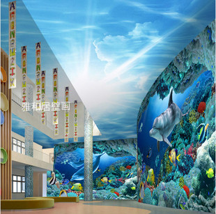 雅和居壁纸电视背景墙纸壁画3D立体海豚卡通客厅无纺布壁画儿童房