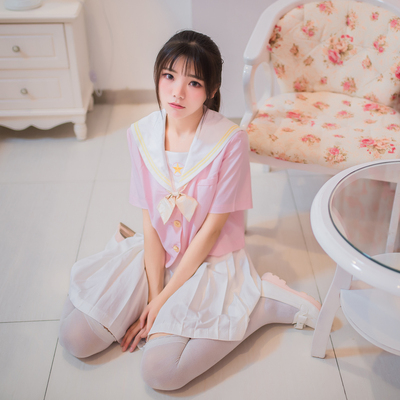 新款百变小樱魔术卡刺绣 日本JK制服二本线粉色短袖水手服裙套装