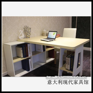 新款现代时尚北欧风格双人书桌电脑桌办公桌带书柜 可定制定做