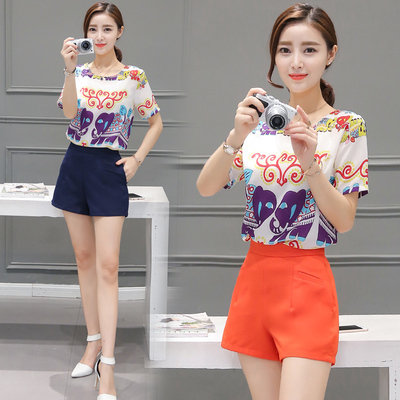 2016夏装新款韩版女装印花短袖两件套欧美休闲时尚短裤套装女潮