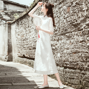 中国风复古中式旗袍连衣裙小立领手绘女装连衣裙禅服茶人服