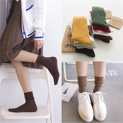 堆堆袜子女纯色秋冬日韩系学院复古长袜学生中筒棉袜森系高筒潮袜