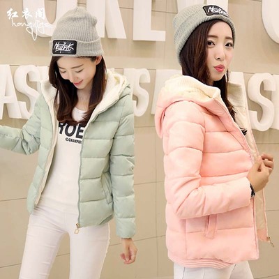 冬季新款韩版棉衣女短款学生纯色连帽外套大码修身加厚羽绒棉服潮