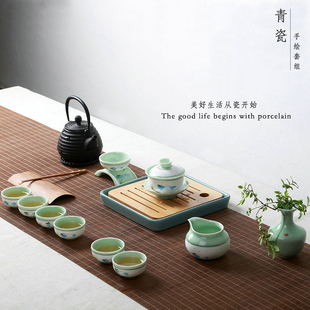 手绘龙泉青瓷整套功夫茶具薄胎影雕盖碗茶海茶杯套装高档茶具包邮