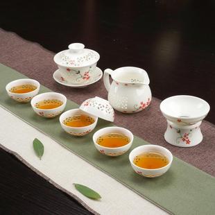 景德镇青花镂空水晶玲珑茶具陶瓷盖碗茶杯整套功夫茶具红绿茶包邮
