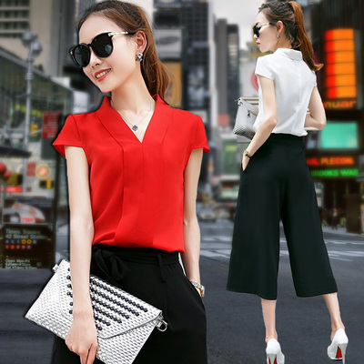 雪纺衫 短袖修身女夏装2016新款韩版v领气质宽松红色上衣显瘦衬衫