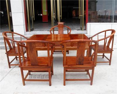 红木家具缅甸花梨木茶桌长方形餐桌6件套 大果紫檀桌椅组合