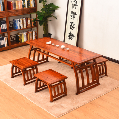 榆木马鞍桌仿古茶桌 五件套家具实木餐桌 中式椅茶台