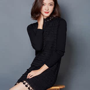 2016秋冬季新款女装 韩版中长款蕾丝连衣裙 a型修身长袖打底裙子