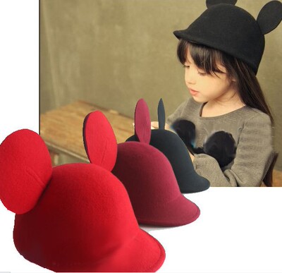 新款秋冬季儿童羊毛呢帽子宝宝米奇耳朵帽子 男女童米老鼠马术帽