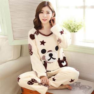 韩版秋冬季长袖睡衣女士珊瑚绒可爱卡通保暖加厚法兰绒秋冬天套装