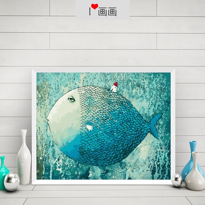 加厚框数字油画 抽象手绘客厅餐厅diy画画立体涂色 动物睡眠鱼