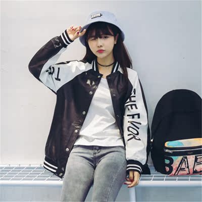 棒球服外套女2016韩版秋冬皮衣学生字母拼接夹克宽松长袖开衫上衣