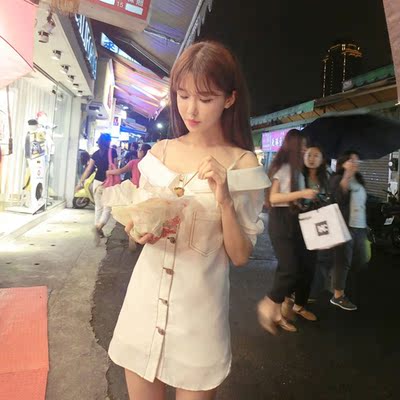 2016夏季新款女装韩版一字领露肩连衣裙名媛性感白色吊带直筒裙子