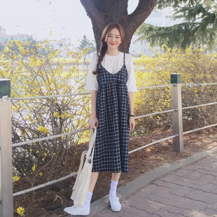 韩国ulzzang学院风夏季小清新V领吊带连衣裙宽松显瘦中长款格子裙