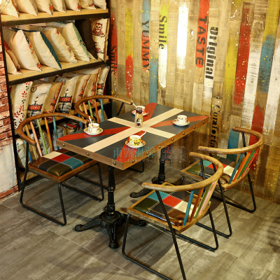 美式复古实木咖啡馆主题餐厅桌椅组合圆形个性桌椅子奶茶店餐桌