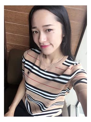 Yttrium Lin 2016早秋新品  时尚圆领条纹针织衫短袖上衣女