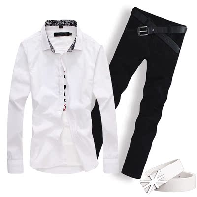 春秋季男式韩版短袖牛仔衬衫长裤子一套装休闲潮流寸衫衬衣服外套