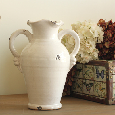 美式乡村田园白色复古做旧双耳陶瓷花瓶色釉奶壶花瓶花器大号