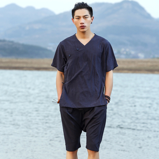 岳色原创 中国风男装2016夏季男士短袖t恤棉麻v领休闲运动套装