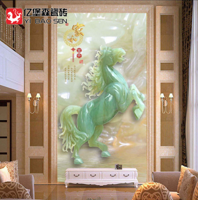 中式3D玉雕高清翡翠马玄关瓷砖过道背墙景  陶瓷走廊背景墙装饰画