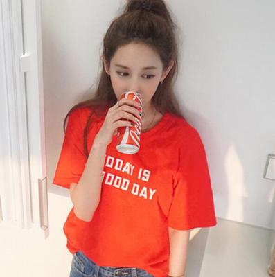 2016韩版女装夏装显瘦新品红色纯色字母圆领宽大宽松女式T恤短袖